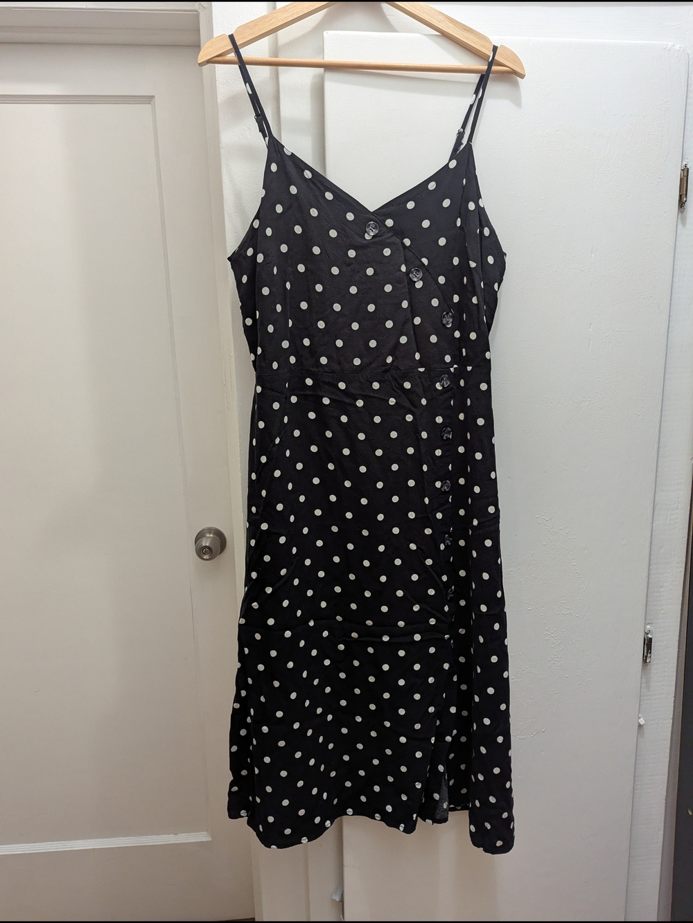 Black And White Polka Dot Midi Dress with - Spaghetti Strap Faux Wrap